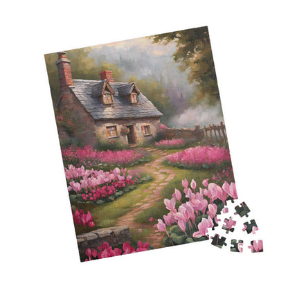 Enchanted Stone Cottage Puzzle, Thatched Roof Home Blooming Cyclamen Meadow, Idyllic Countryside Pink Purple Floral Landscape Game, Giftable Puzzle The Puzzle Chest