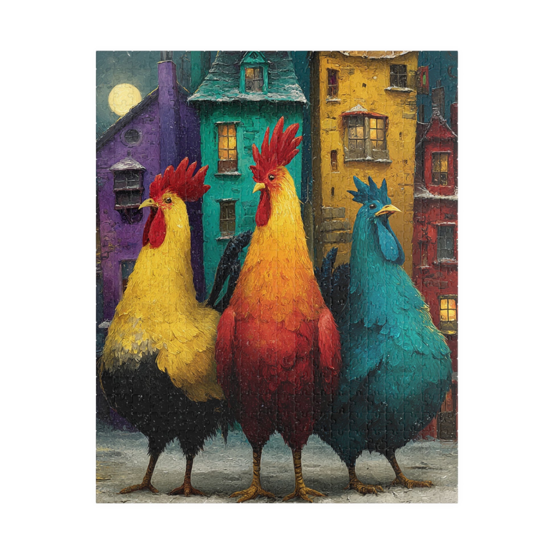 Moonlit Roosters in a Snowy Village Jigsaw Puzzle - Chickens and Colorful Crooked Houses Puzzle The Puzzle Chest