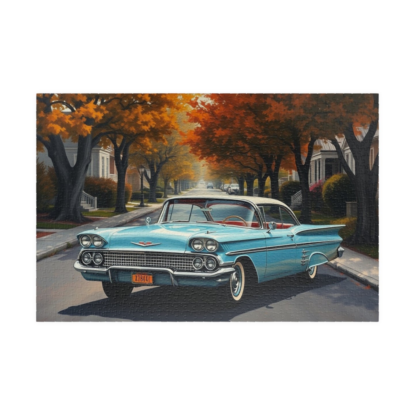 Vintage Car Jigsaw Puzzle, Classic 1958 Impala, Retro 1950s Flower-Lined Neighborhood Scene 1014 pcs (Horizontal) Puzzle The Puzzle Chest