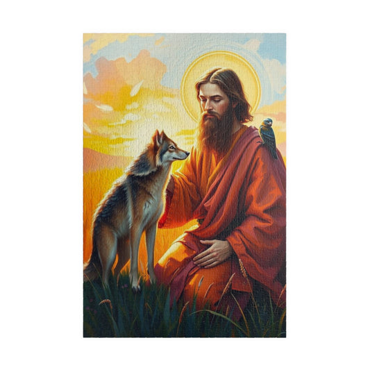 Christian Jigsaw Puzzle - Saint Francis Blessing a Wolf, Religious Art, Meditation Activity, Gift for Catholics, Family Activity or Solo Fun