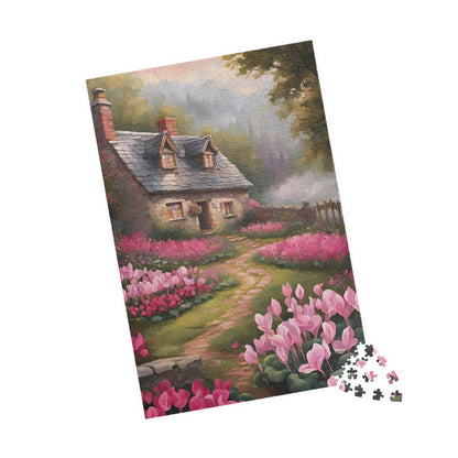 Enchanted Stone Cottage Puzzle, Thatched Roof Home Blooming Cyclamen Meadow, Idyllic Countryside Pink Purple Floral Landscape Game, Giftable Puzzle The Puzzle Chest