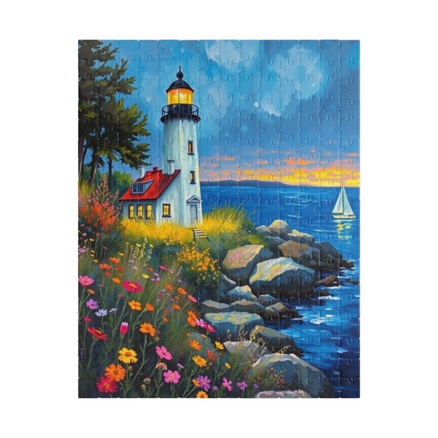 Seabreeze Beacon Jigsaw Puzzle - Coastal Lighthouse, Wildflowers and Sailboats, Family Activity Brain Teaser, Gift for Puzzle Lovers 252 pcs (Vertical) Puzzle The Puzzle Chest