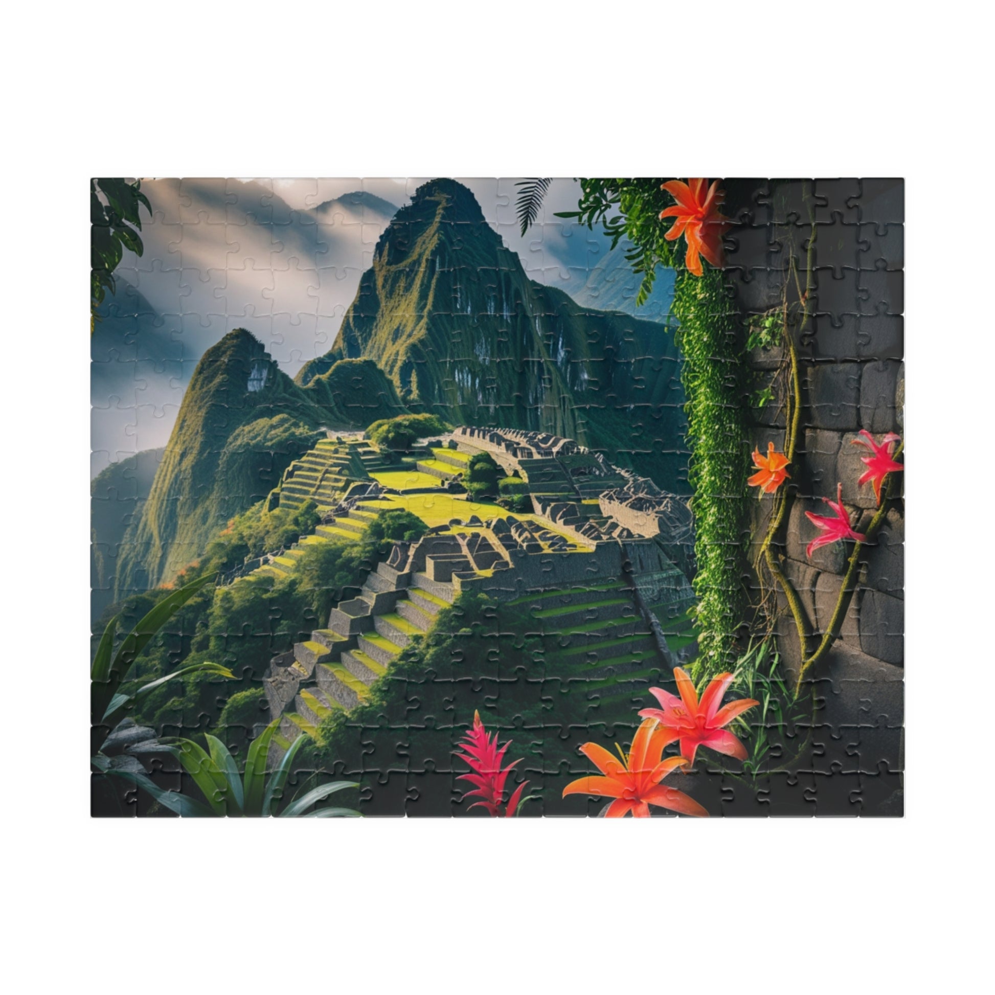 Machu Picchu Historic Landmark Puzzle, Jungle Vines Tropical Flowers, South American Travel Jigsaw Game, Nature Inspired Puzzle Lover Gift 252 pcs (Horizontal) Puzzle The Puzzle Chest