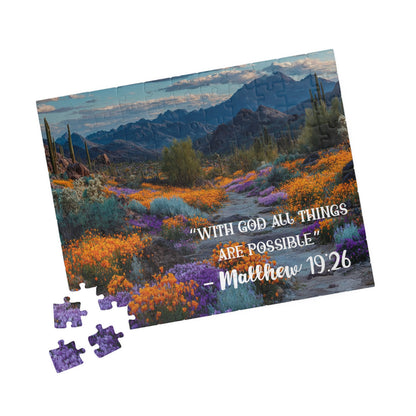 Blooming Desert Jigsaw Puzzle, Inspirational Puzzle Featuring Matthew 19:26 110 pcs (Horizontal) Puzzle The Puzzle Chest