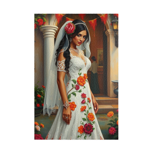 Puzzle - Mexican Bride in Lace Gown, Otomi Flowers Hacienda Candles, 110-1014 Piece Jigsaw, Wedding Dress Design, Cultural Artwork Folklore 1014 pcs (Vertical) Puzzle The Puzzle Chest