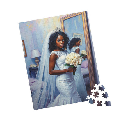 African American Bride Puzzle, White Lace Gown and Tiara, Black Woman Wedding Day Reflection Jigsaw Game Puzzle The Puzzle Chest