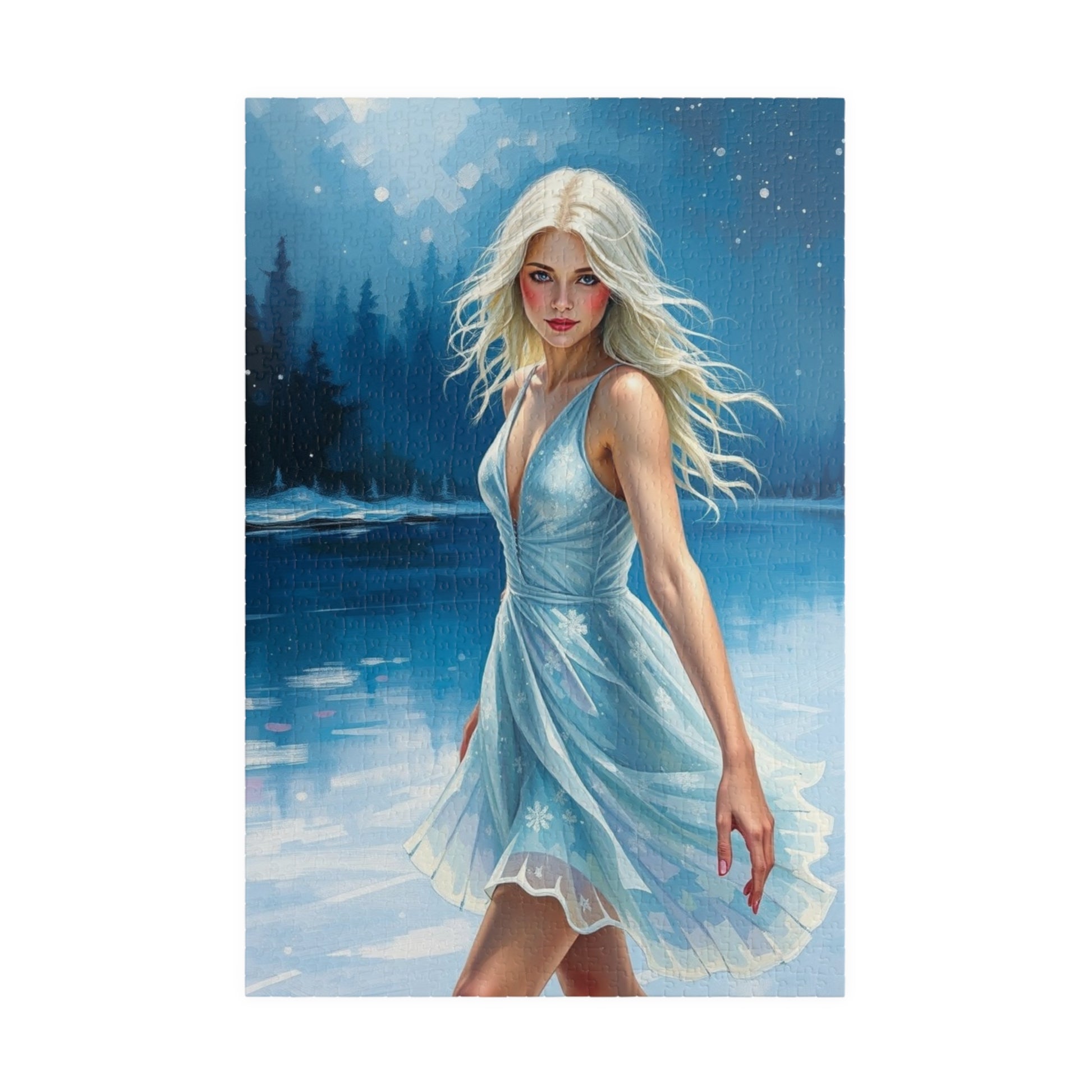 Puzzle - Ice Skating Woman on Frozen Lake, 110, 252, 520, 1014-piece Jigsaw, Sparkling Silver Skating Dress, Winter Activity, Relaxing 1014 pcs (Vertical) Puzzle The Puzzle Chest