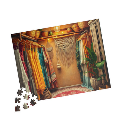 Boho Chic Closet Jigsaw Puzzle, Rustic Fashion Wardrobe with Dresses Plants and Accessories Game, Dreamy Womans Boutique, Puzzle Lover Gift