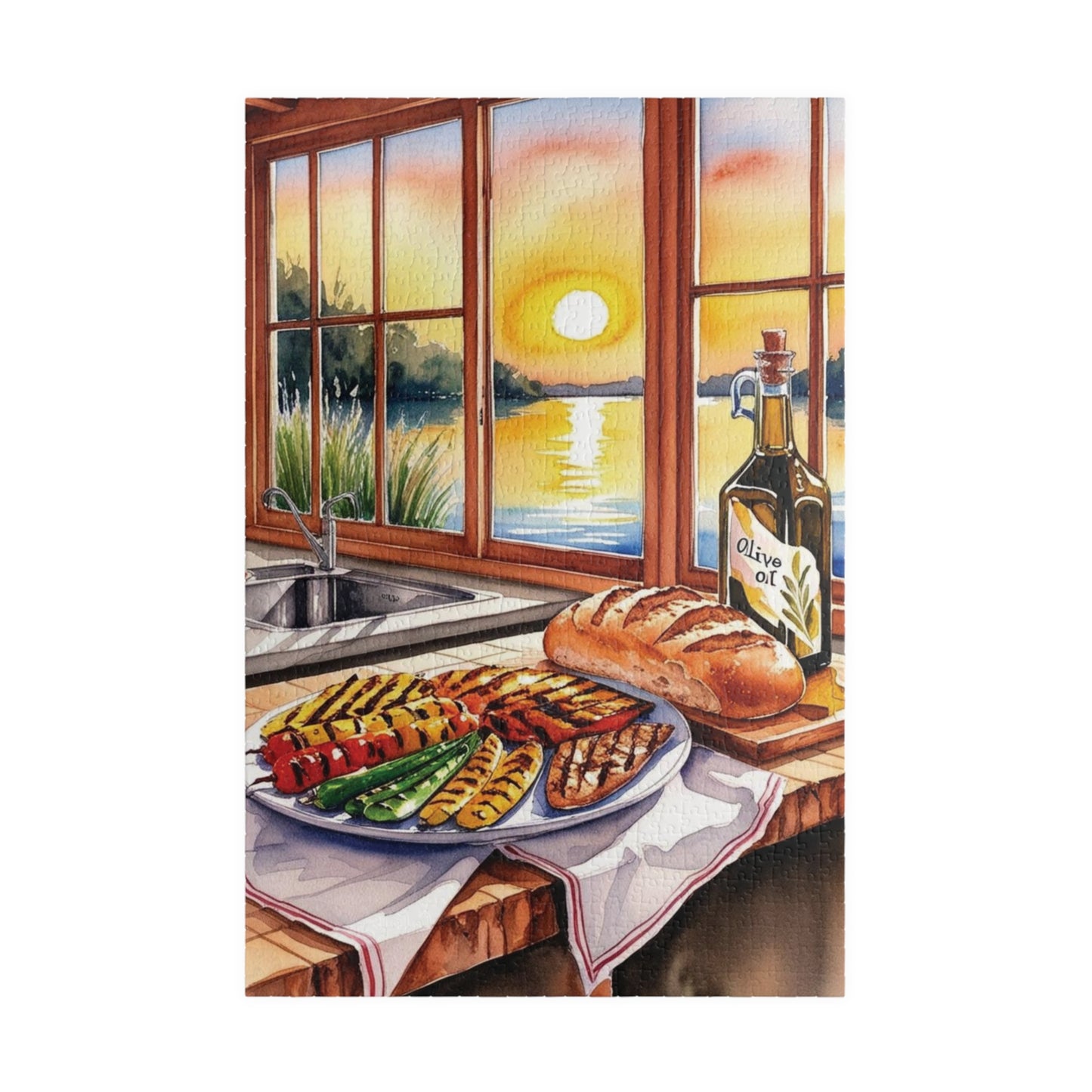 Foodie Kitchen Sunset Jigsaw Puzzle, Serene Lake View Dinner Table Scene, Frameable Culinary Art, Puzzle Enthusiast Gift for Friend 1014 pcs (Vertical) Puzzle The Puzzle Chest