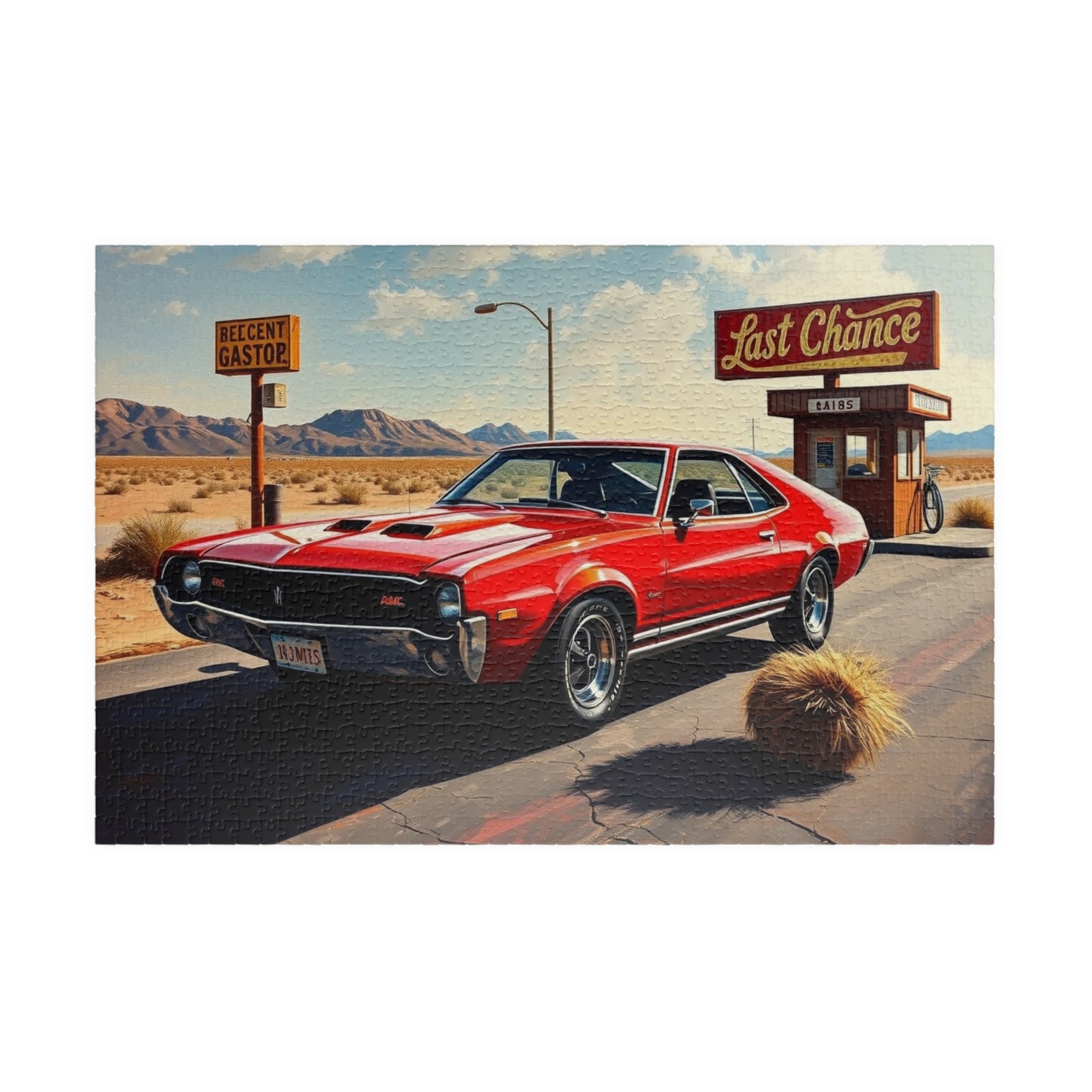 Vintage Car Puzzle, Classic Red 1969 AMC AMX, Desert Setting with Rusty Gas Sign and Tumbleweed, Retro Car Enthusiast Puzzle Lover Gift 1014 pcs (Horizontal) Puzzle The Puzzle Chest