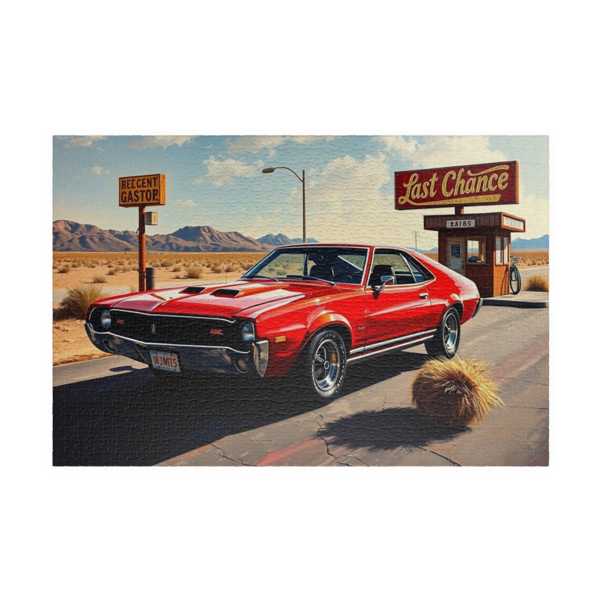Vintage Car Puzzle, Classic Red 1969 AMC AMX, Desert Setting with Rusty Gas Sign and Tumbleweed, Retro Car Enthusiast Puzzle Lover Gift 1014 pcs (Horizontal) Puzzle The Puzzle Chest