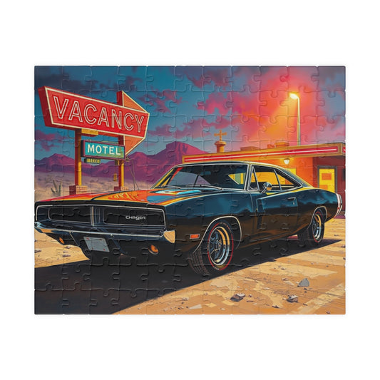 Vintage Muscle Car Puzzle, Black 1969 Dodge Charger, Classic Car Desert Motel Scene Jigsaw Game for Him, Unique Puzzle Lover Gift, Mindful 110 pcs (Horizontal) Puzzle The Puzzle Chest