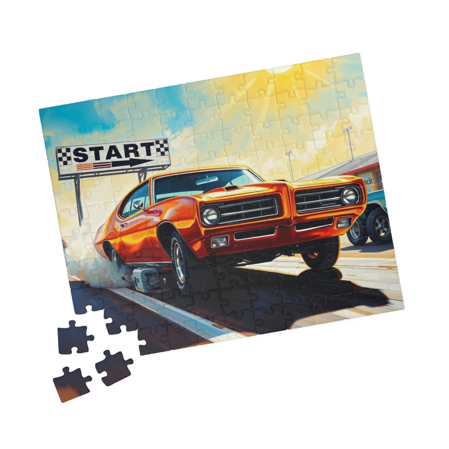 Vintage Muscle Car Puzzle, Classic Metallic Orange 1969 Pontiac GTO, Drag Race Strip Scene Jigsaw Game for Him, Mindful Puzzle Lover Gift Puzzle The Puzzle Chest