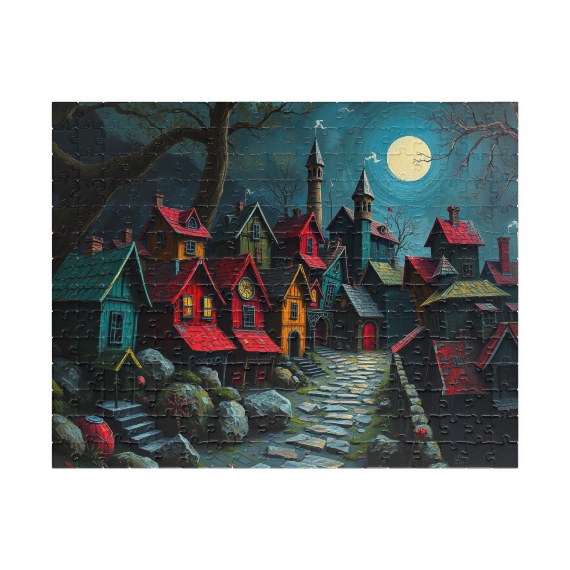 Nighttime Village 3D Puzzle (110, 252, 520, 1014-piece), Haunting Spooky Town at Night, Ideal Puzzle Gift for Gothic Dark Art Lover, Mindful 252 pcs (Horizontal) The Puzzle Chest