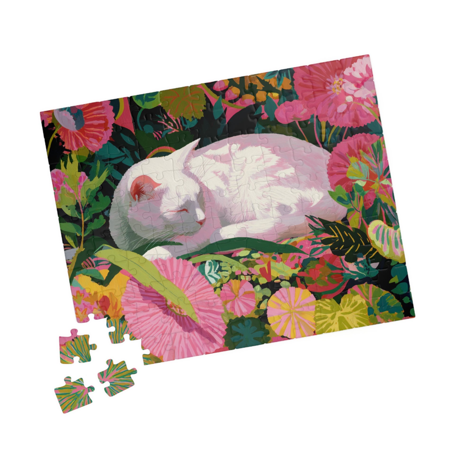 The Sleeping Garden Cat – Bright Fauvist Garden Jigsaw Puzzle, Animal Theme Nature and Cat Art Puzzle 110 pcs (Horizontal) Puzzle The Puzzle Chest