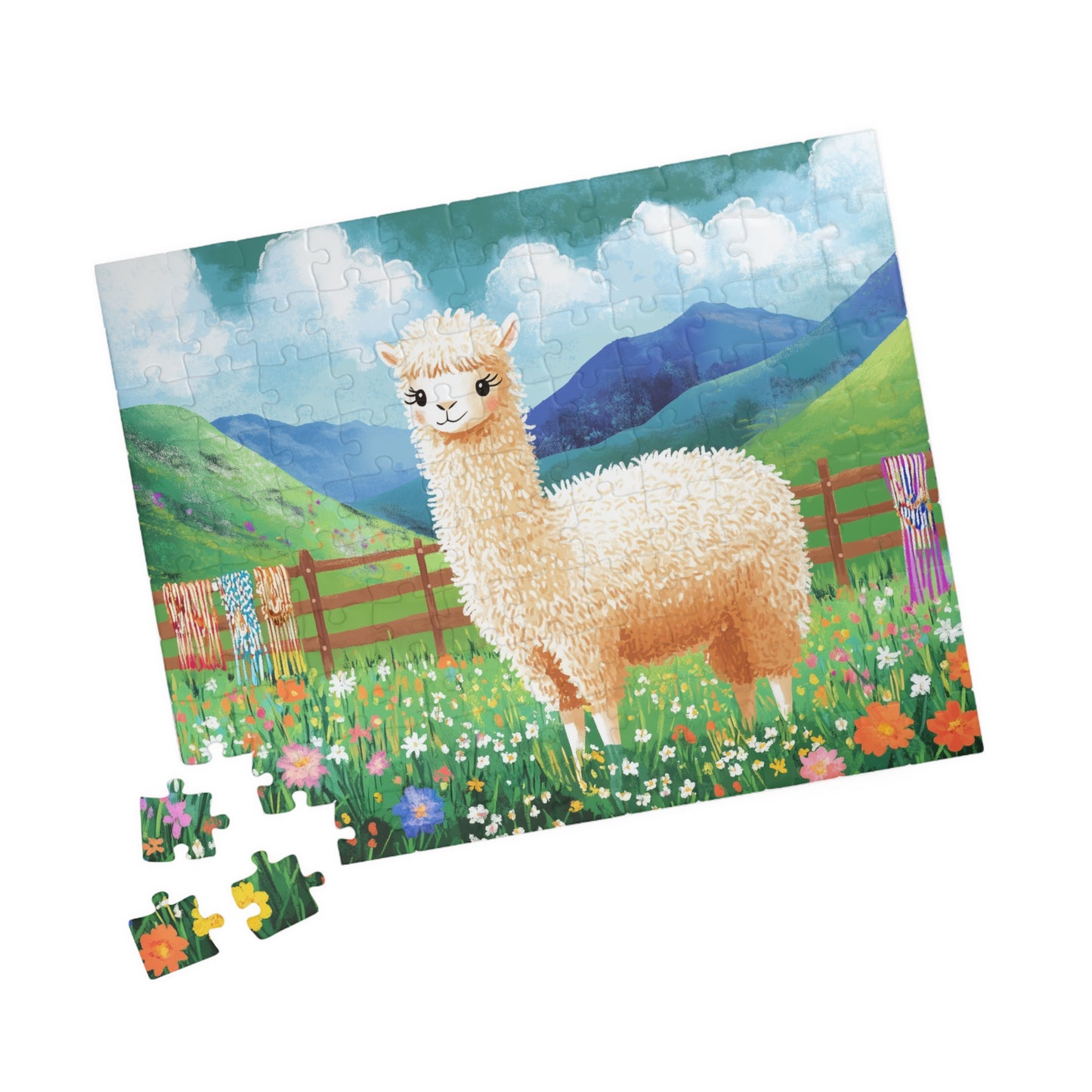Alpaca in Flower Meadow Puzzle | Scenic Mountain Jigsaw 110 pcs (Horizontal) Puzzle The Puzzle Chest