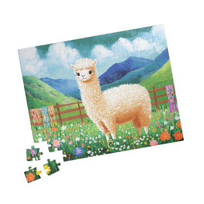 Alpaca in Flower Meadow Puzzle | Scenic Mountain Jigsaw 110 pcs (Horizontal) Puzzle The Puzzle Chest