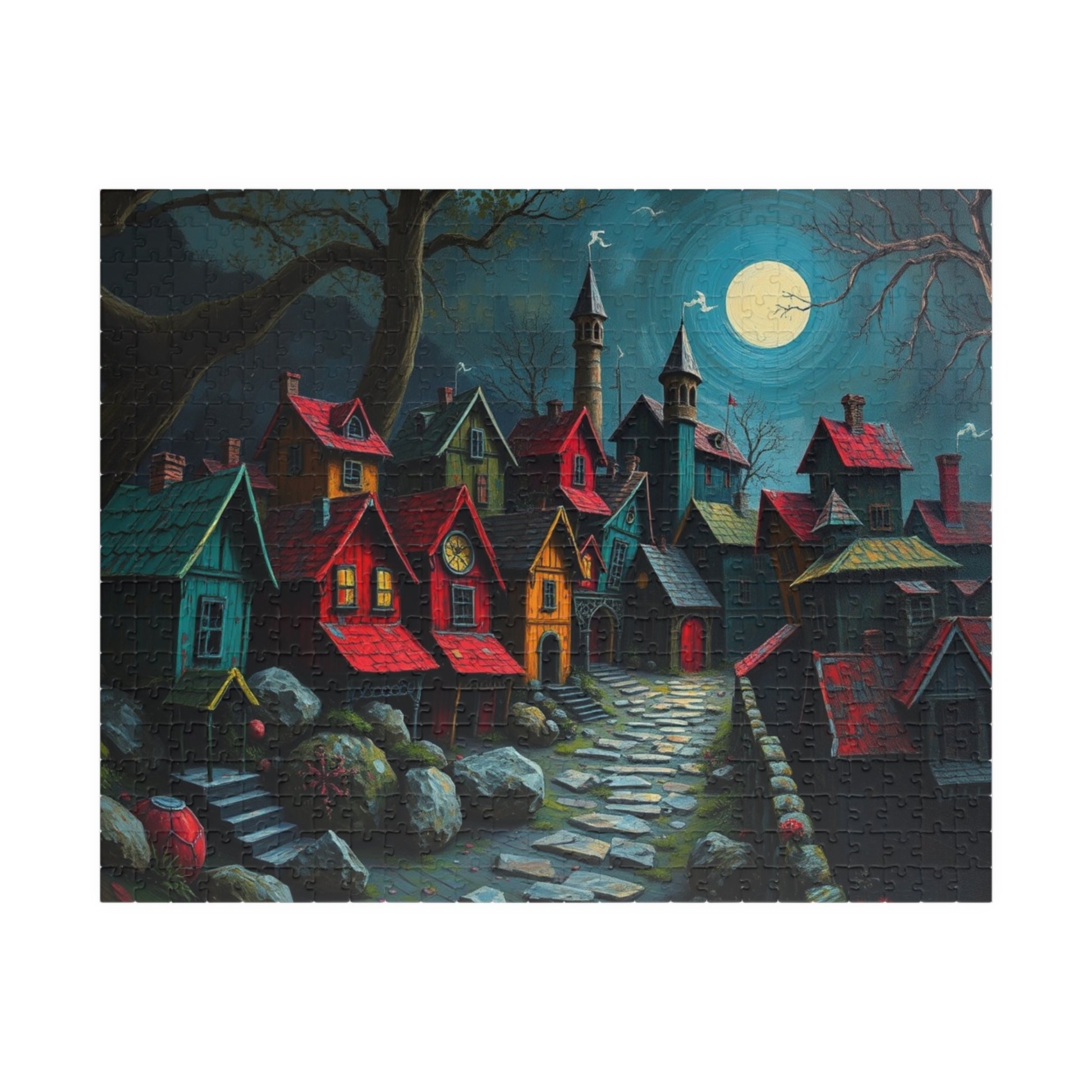 Nighttime Village 3D Puzzle (110, 252, 520, 1014-piece), Haunting Spooky Town at Night, Ideal Puzzle Gift for Gothic Dark Art Lover, Mindful 520 pcs (Horizontal) The Puzzle Chest