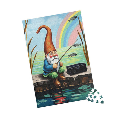 Gnome Fishing on Dock – Watercolor Dwarf Storybook Lakeside Jigsaw Puzzle 1014 pcs (Vertical) Puzzle The Puzzle Chest
