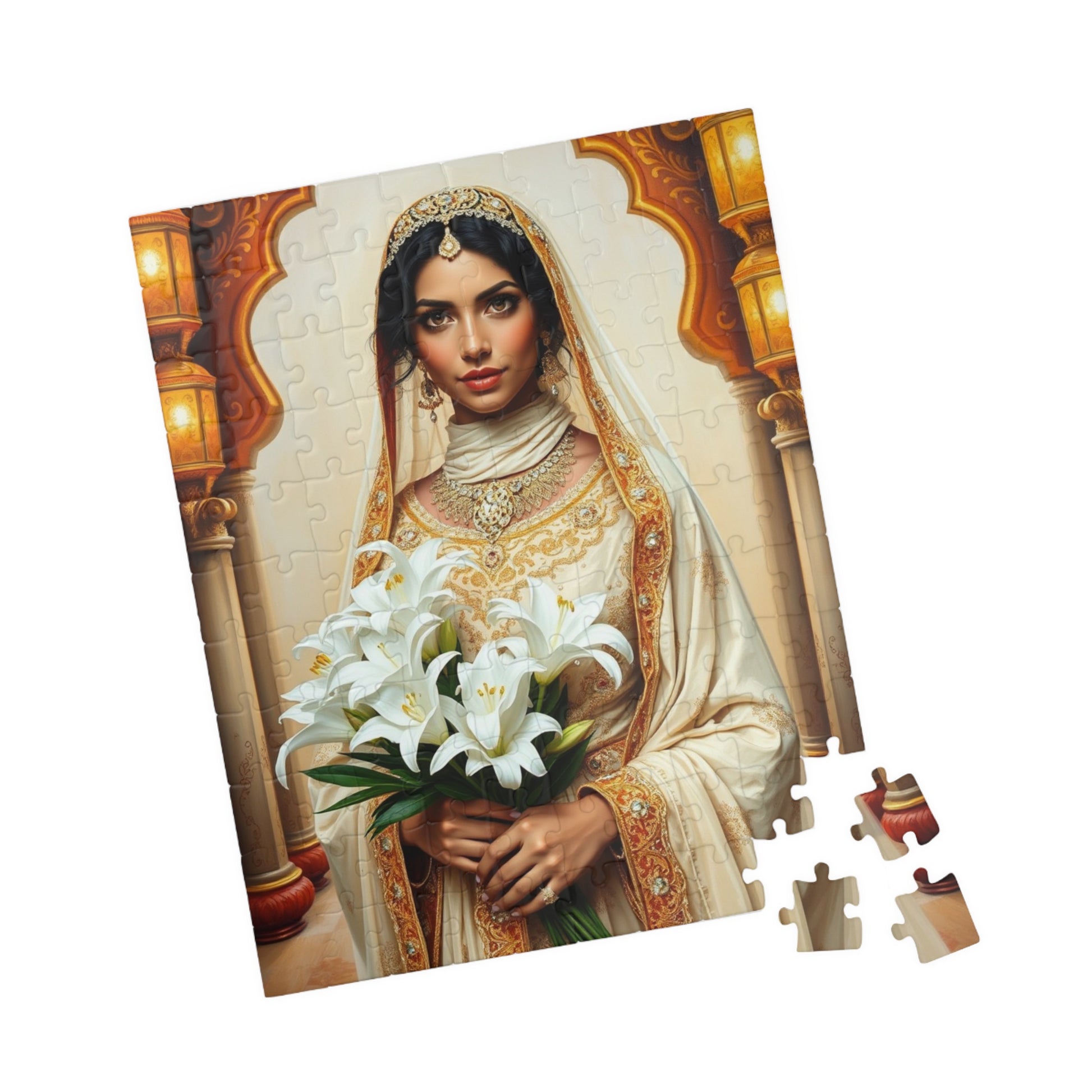 Middle Eastern Bride Puzzle with Gold Ivory Kaftan and Lanterns, Family Friendly Wedding Jigsaw Game, Mindful Activity, Puzzle Lover Gift Puzzle The Puzzle Chest
