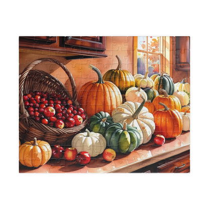 Autumn Harvest Puzzle, Countertop with Pumpkins and Apples, 110-1014 Piece, Fall Jigsaw Game, Thanksgiving Activity, Cabin Decor, Giftable 110 pcs (Horizontal) Puzzle The Puzzle Chest
