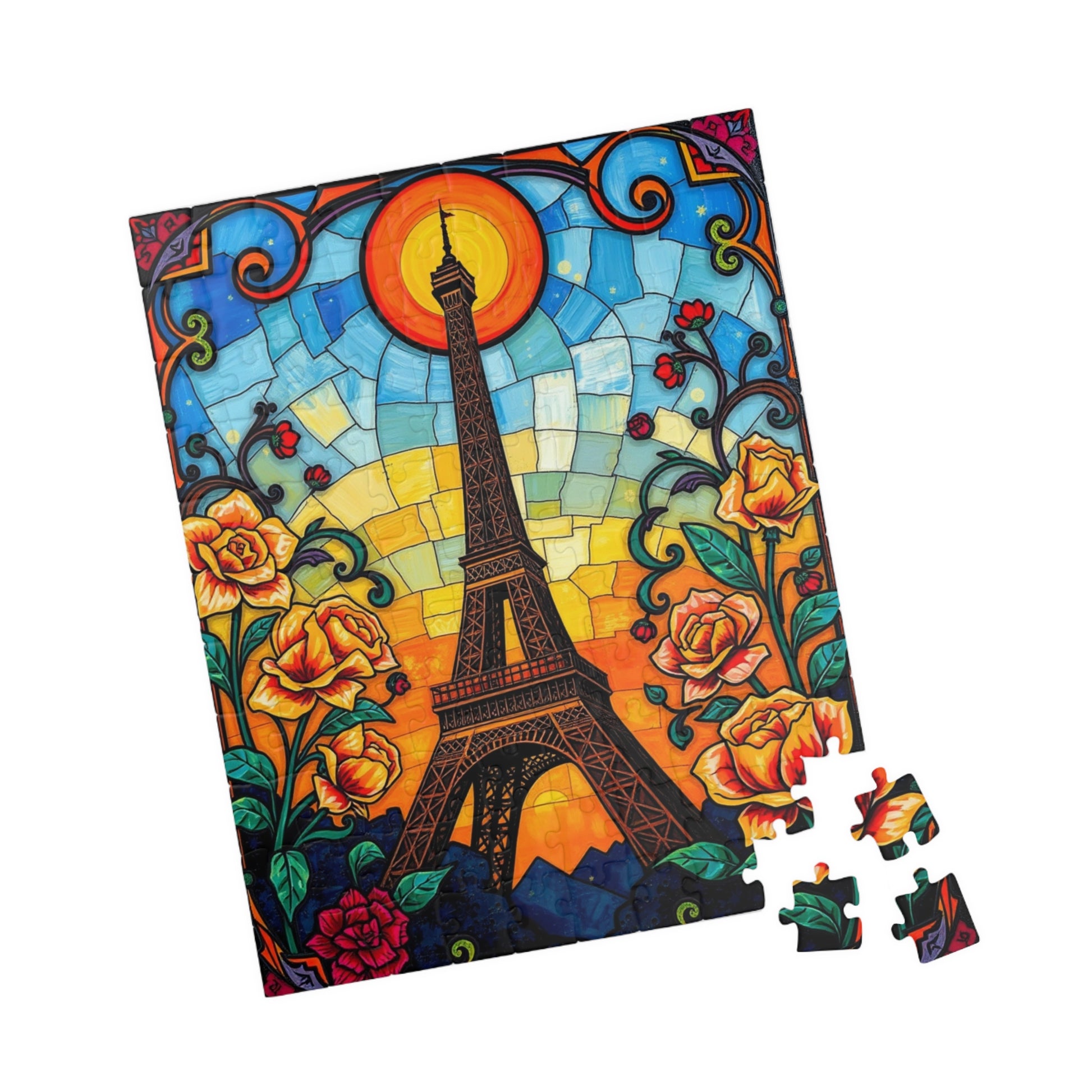 Eiffel Tower Sunset Jigsaw Puzzle, Floral Stained Glass Style, Famous Landmark, Parisian Landscape Art, Relaxing Adult Hobby, Giftable Game Puzzle The Puzzle Chest