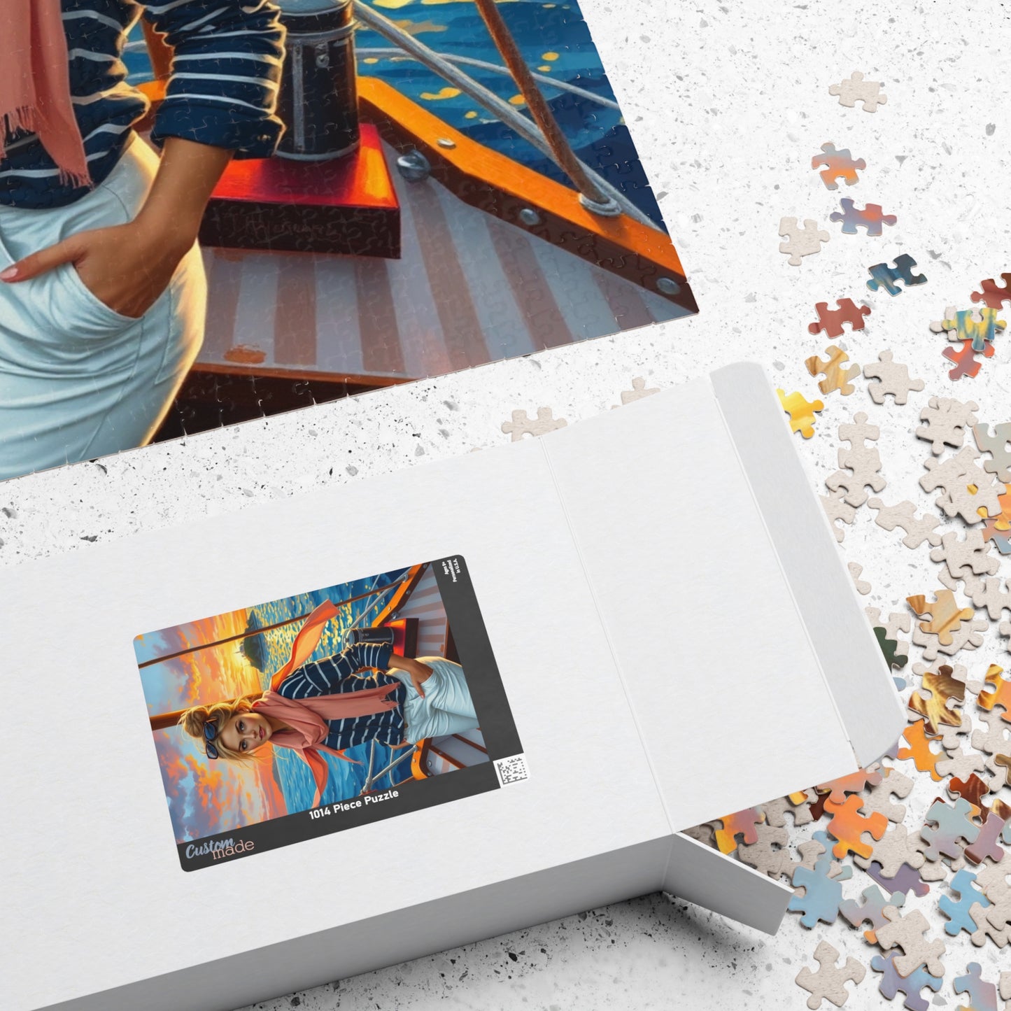 Jigsaw Puzzle, Woman on Sailboat Bow, 110 252 520 1014 Piece, Navy Striped Shirt, White Pants, Blonde Hair, Messy Bun, Fair-skinned Lady, Puzzle The Puzzle Chest