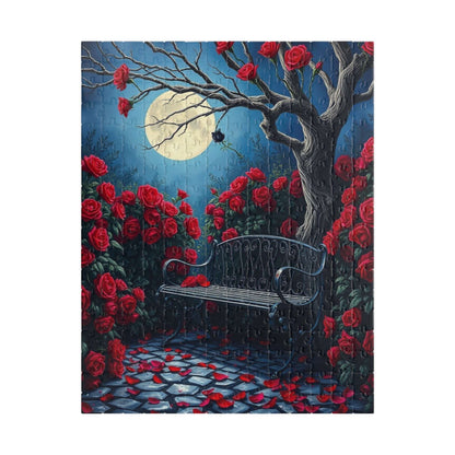 Moonlit Gothic Garden Puzzle, Dark Romantic Fantasy Jigsaw Game, Cobblestone Path Iron Bench and Roses, Relaxing Challenge for Puzzle Lover 252 pcs (Vertical) Puzzle The Puzzle Chest