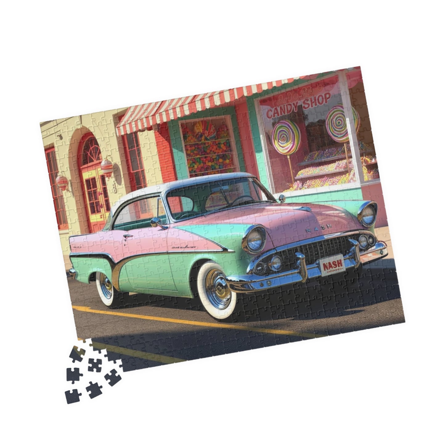 Vintage Car Puzzle - 1957 Metropolitan Classic Auto Jigsaw Game, Nostalgic Candy Shop Design Puzzle The Puzzle Chest