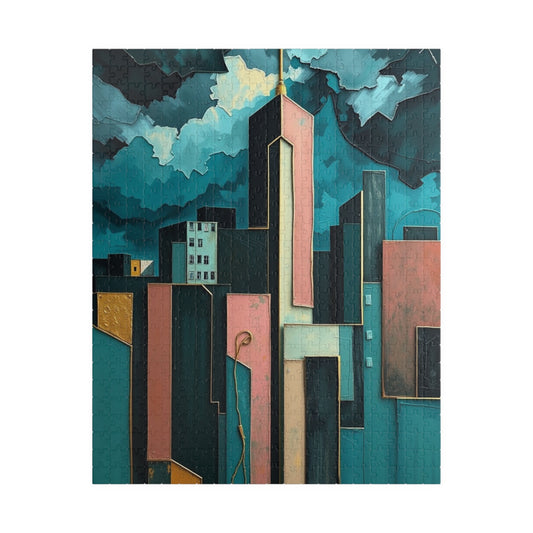 Abstract Cityscape Jigsaw Puzzle, Metallic Pastel Teal Geometric Shapes, Quiet Indoor Activity, Puzzle Lover Best Unique Gift, Mindfulness 520 pcs (Vertical) Puzzle The Puzzle Chest