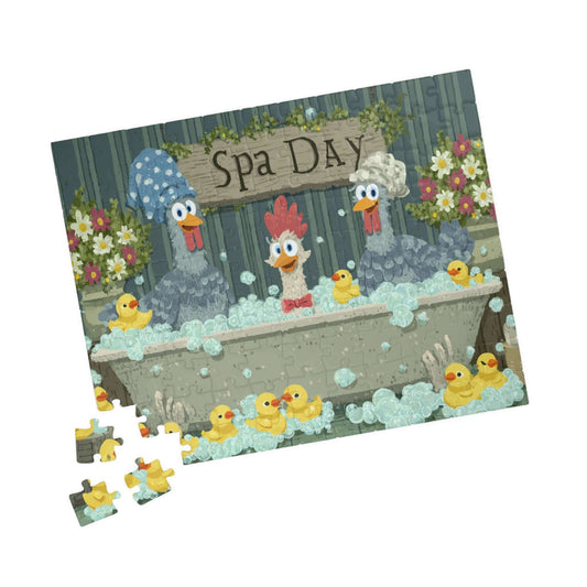 Funny Rubber Duck Chicken Puzzle – Quirky Chickens in Bubble Bath with Ducks, Whimsical Fairy-Tale Jigsaw Puzzle 110 pcs (Horizontal) Puzzle The Puzzle Chest
