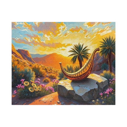 Golden Shofar Jigsaw Puzzle, Desert Oasis Landscape with Palm Trees Wildflowers, Faith-Based Religious Christian Tabletop Game, Jewish Gift