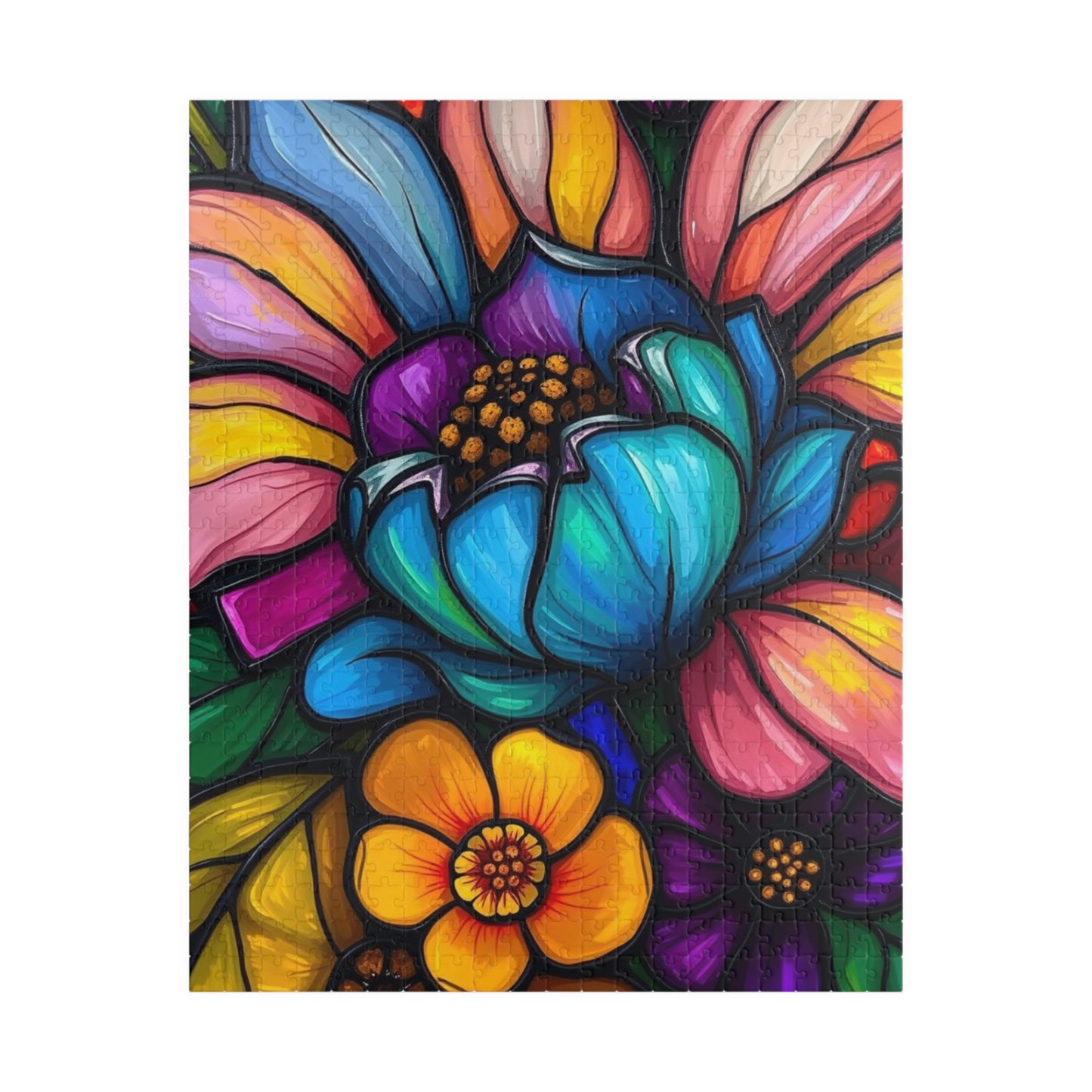 Floral Radiance Jigsaw Puzzle - Stained Glass Style 110-1014 piece, Art Therapy, Gift for Flower Lover, Family Game Night, Fun Home Activity