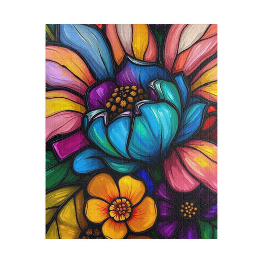 Floral Radiance Jigsaw Puzzle - Stained Glass Style 110-1014 piece, Art Therapy, Gift for Flower Lover, Family Game Night, Fun Home Activity