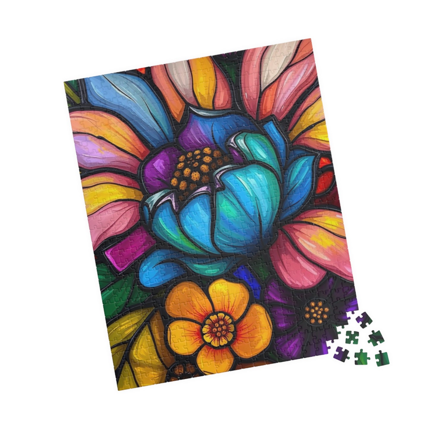 Floral Radiance Jigsaw Puzzle - Stained Glass Style 110-1014 piece, Art Therapy, Gift for Flower Lover, Family Game Night, Fun Home Activity