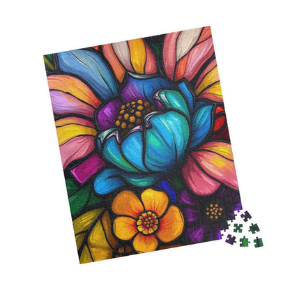 Floral Radiance Jigsaw Puzzle - Stained Glass Style 110-1014 piece, Art Therapy, Gift for Flower Lover, Family Game Night, Fun Home Activity