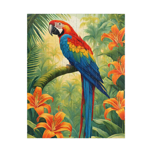 Colorful Parrot Puzzle, Tropical Jungle and Tiger Lilly Flower Scene, Nature-Inspired Jigsaw Game, Best Unique Bird Lover Gift, Mindfulness 252 pcs (Vertical) Puzzle The Puzzle Chest
