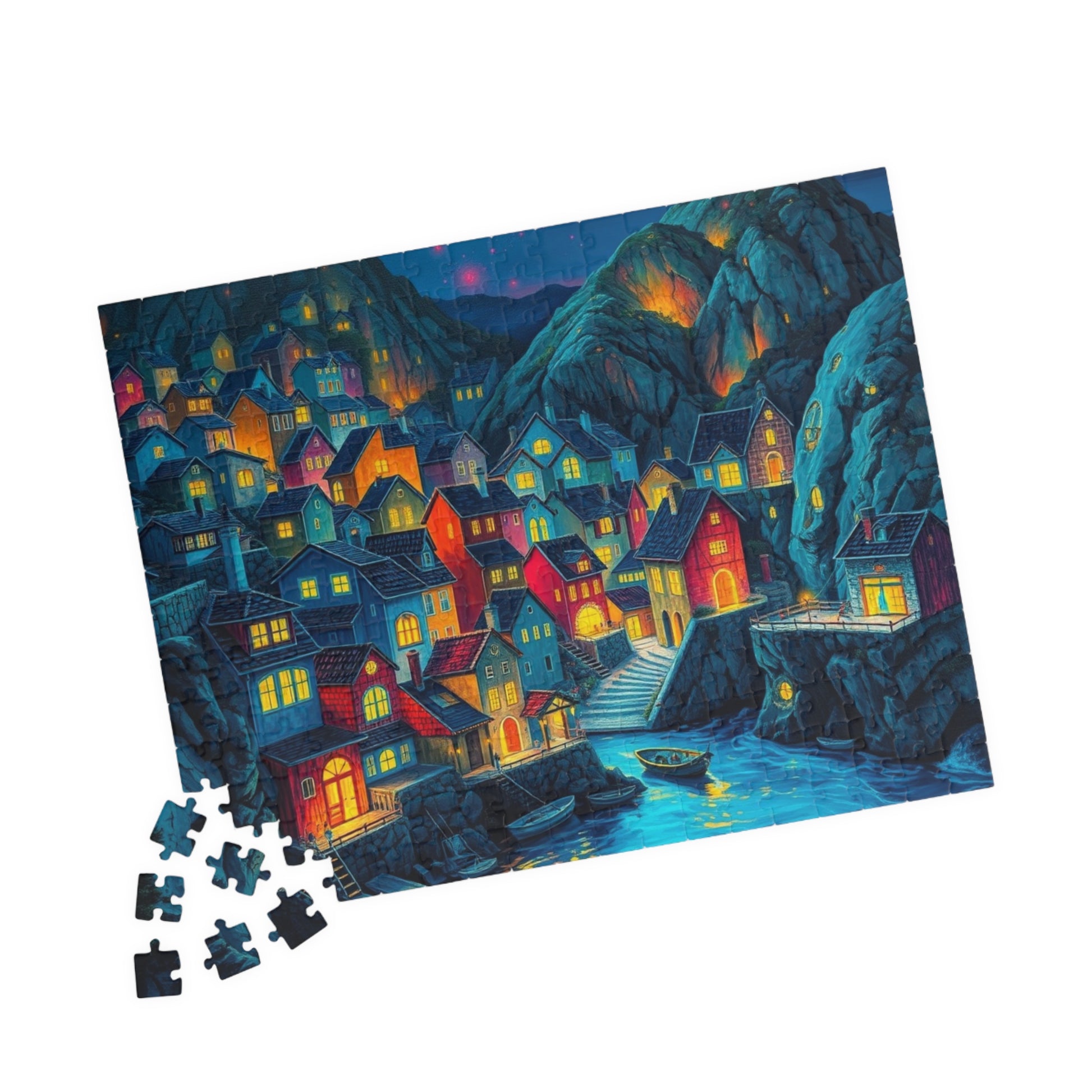 Bioluminescent 3D Village Jigsaw Puzzle for Adults, Cinematic Style with Glowing Colors and Dramatic Town Scene, Ideal Gift for Puzzle Fan The Puzzle Chest