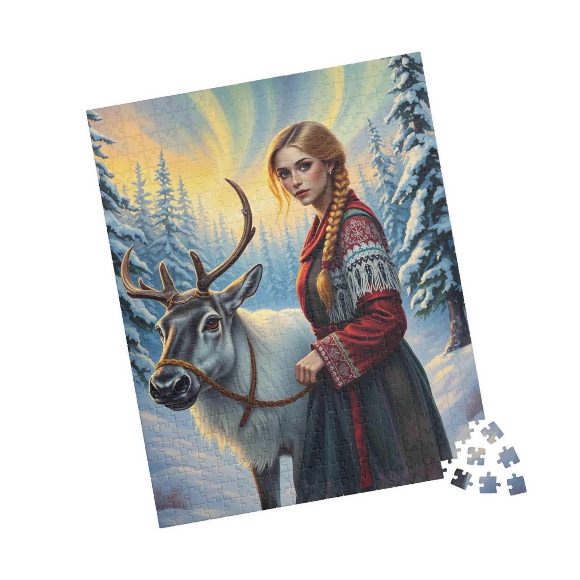 Nordic Cultural Winter Jigsaw Puzzle, Woman Guiding Reindeer Northern Lights, Sami Attire Snowy Forest, Best Unique Gift for Puzzle Lover Puzzle The Puzzle Chest