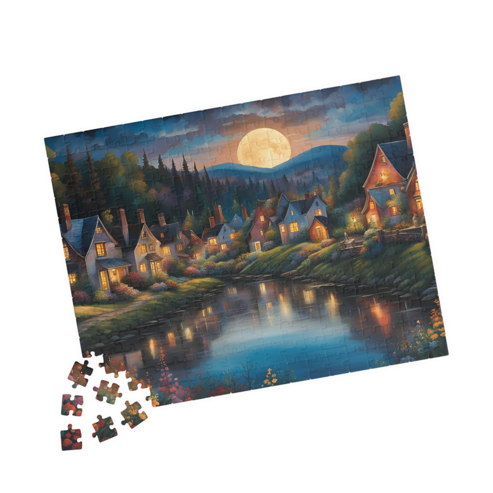 Nighttime Village Landscape Puzzle Gifted, Serene River, Moonlit Backdrop, 520 pcs, Adult, Relaxing Activity, Jigsaw Game, Holiday Present The Puzzle Chest