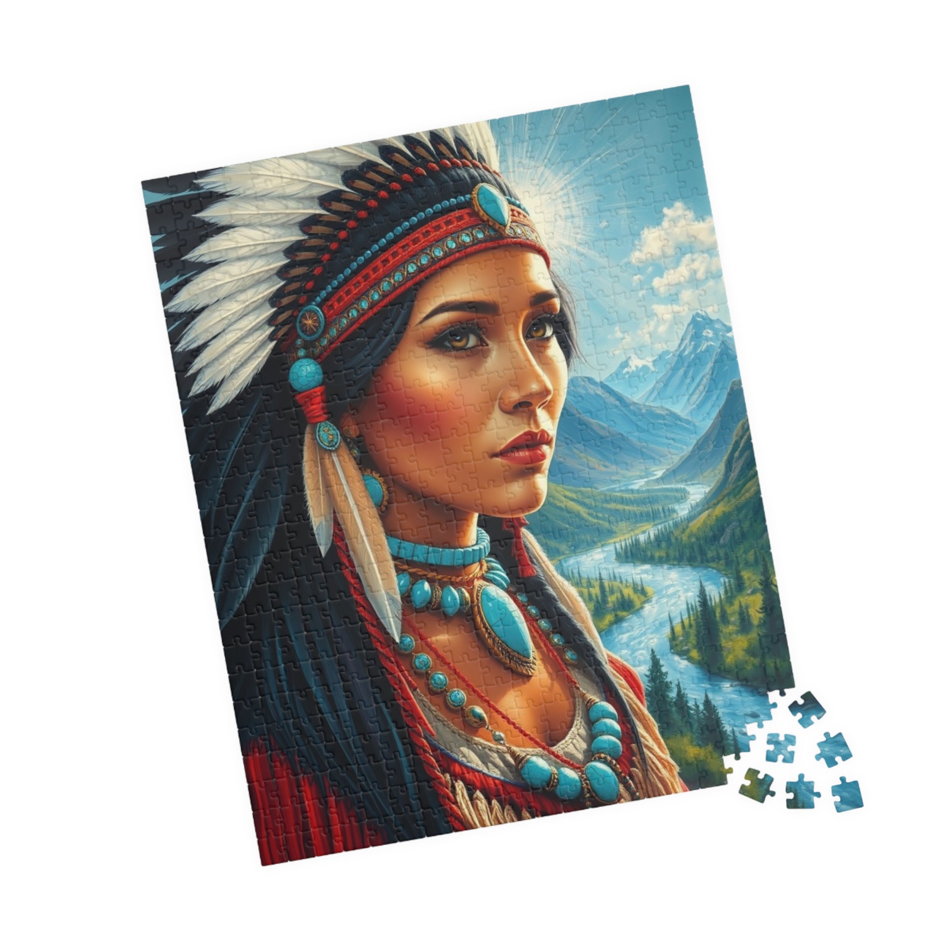Puzzle, Indigenous Bride with Dark Eyes and Tan Skin, Buckskin Dress, Turquoise Necklace, Feather Headdress Natural Landscape, Mountains, Puzzle The Puzzle Chest