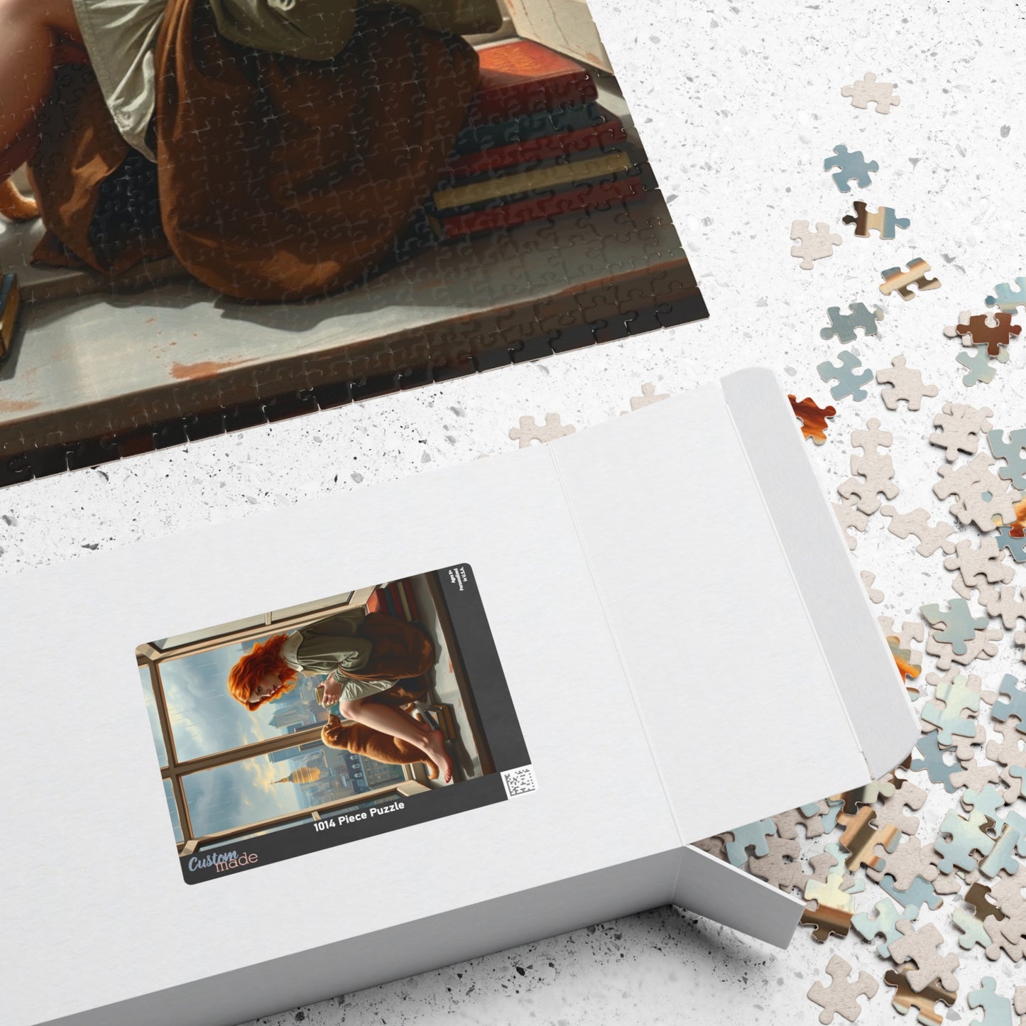 Jigsaw Puzzle, Woman Sitting on Windowsill with Red Hair, Books, Dog, Cityscape, Rainy Sky, 110, 252, 520, 1014-Piece - Relaxing Indoor Puzzle The Puzzle Chest