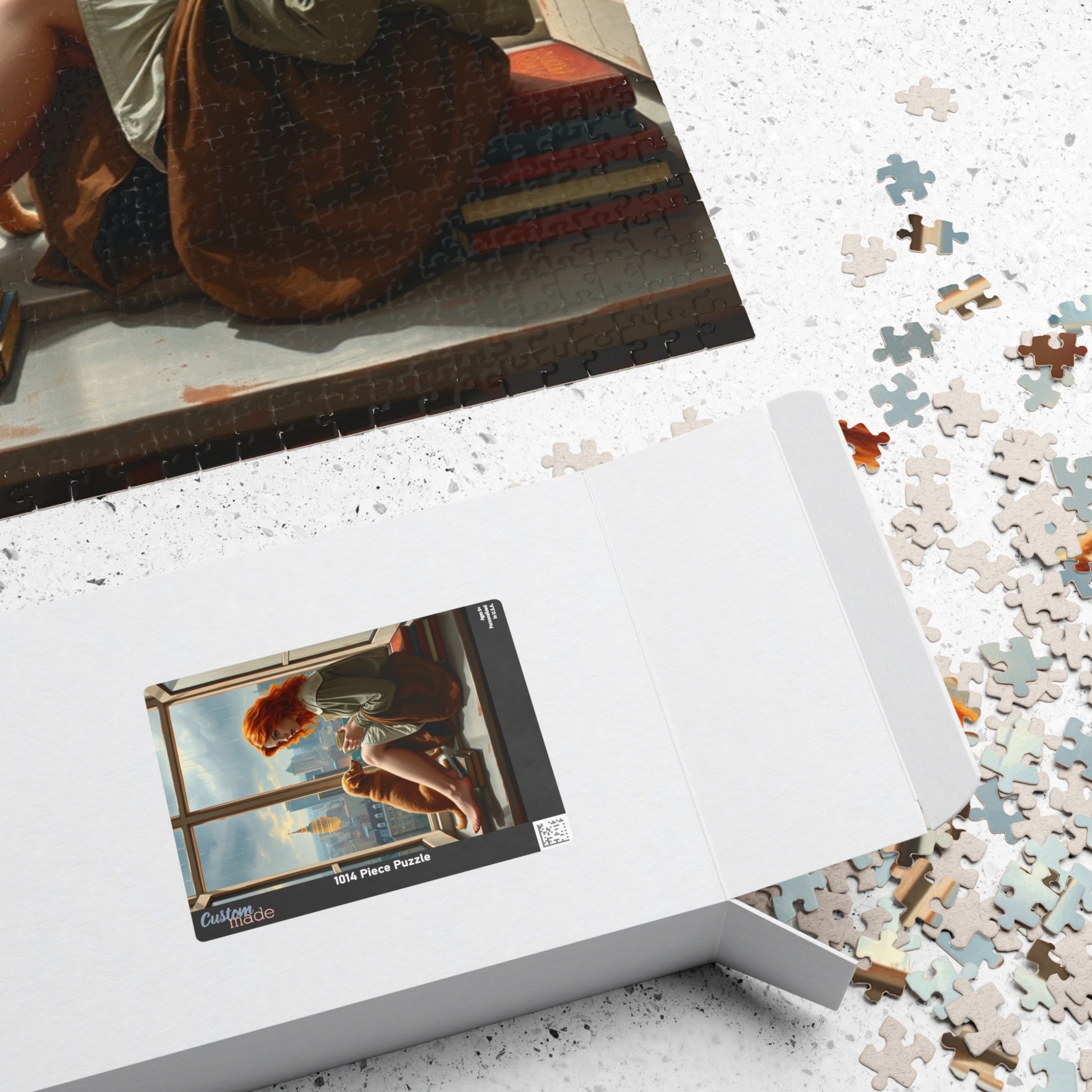 Jigsaw Puzzle, Woman Sitting on Windowsill with Red Hair, Books, Dog, Cityscape, Rainy Sky, 110, 252, 520, 1014-Piece - Relaxing Indoor Puzzle The Puzzle Chest