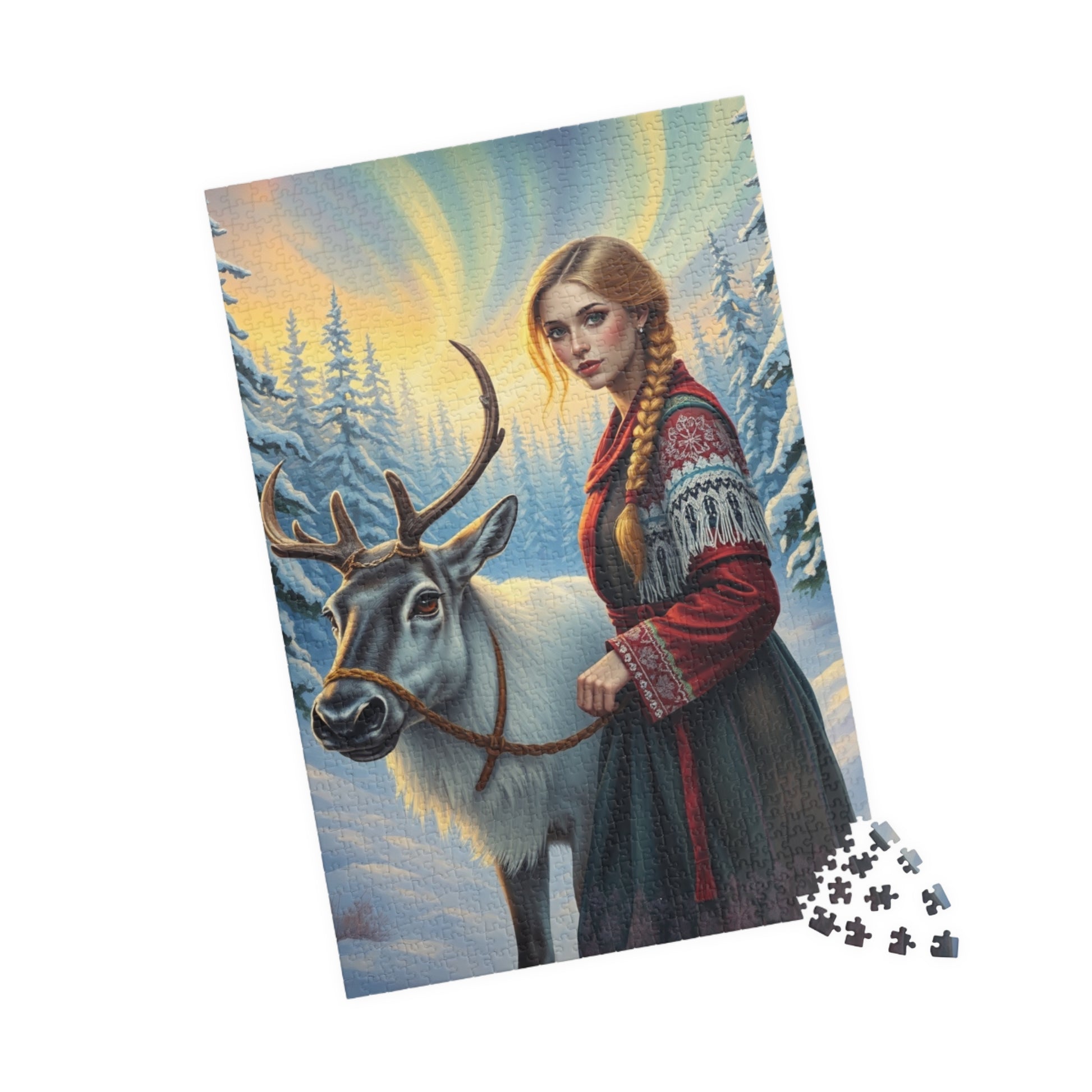 Nordic Cultural Winter Jigsaw Puzzle, Woman Guiding Reindeer Northern Lights, Sami Attire Snowy Forest, Best Unique Gift for Puzzle Lover Puzzle The Puzzle Chest
