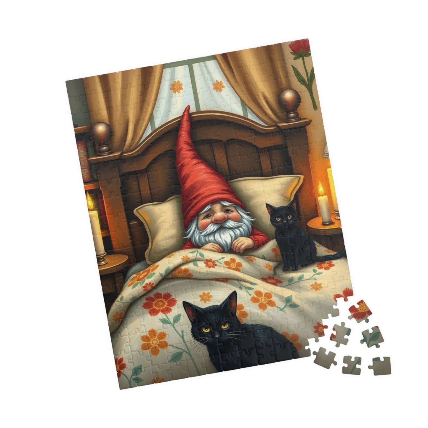 Gnome Sleeping in Cottage Bed with Cats – Folk Art Nighttime Jigsaw Puzzle 252 pcs (Vertical) Puzzle The Puzzle Chest