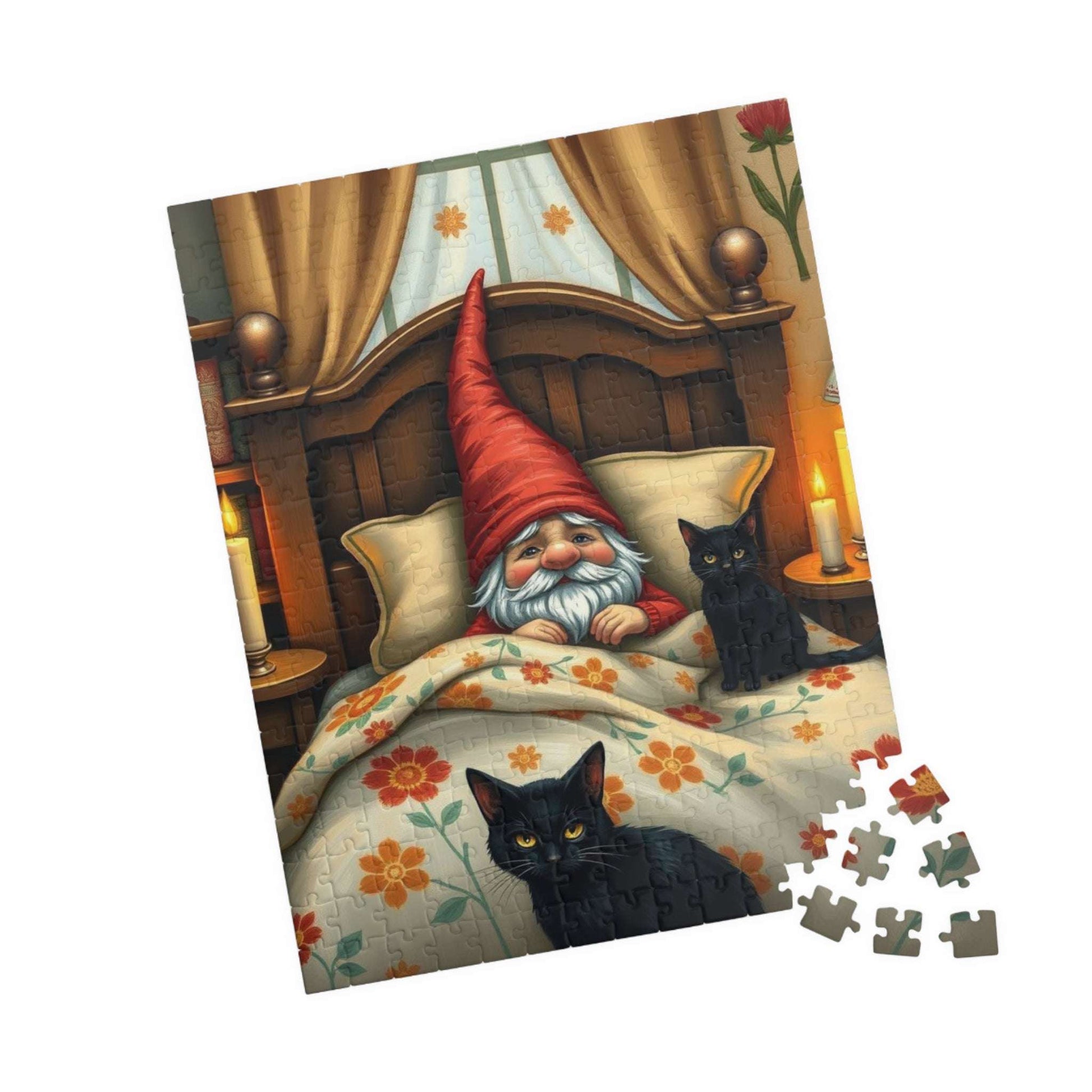 Gnome Sleeping in Cottage Bed with Cats – Folk Art Nighttime Jigsaw Puzzle 252 pcs (Vertical) Puzzle The Puzzle Chest