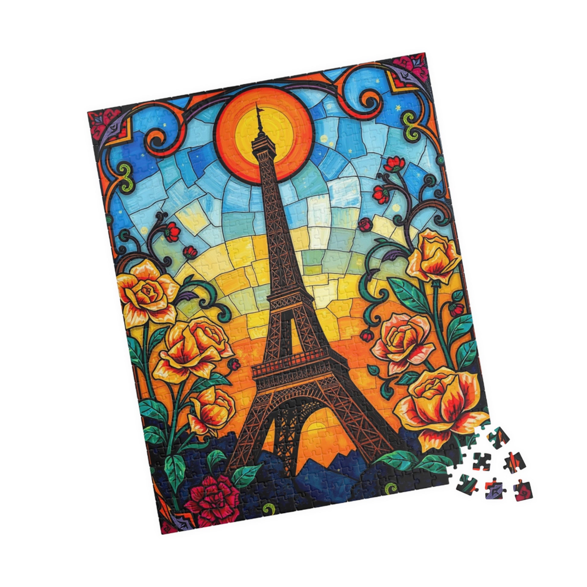 Eiffel Tower Sunset Jigsaw Puzzle, Floral Stained Glass Style, Famous Landmark, Parisian Landscape Art, Relaxing Adult Hobby, Giftable Game Puzzle The Puzzle Chest