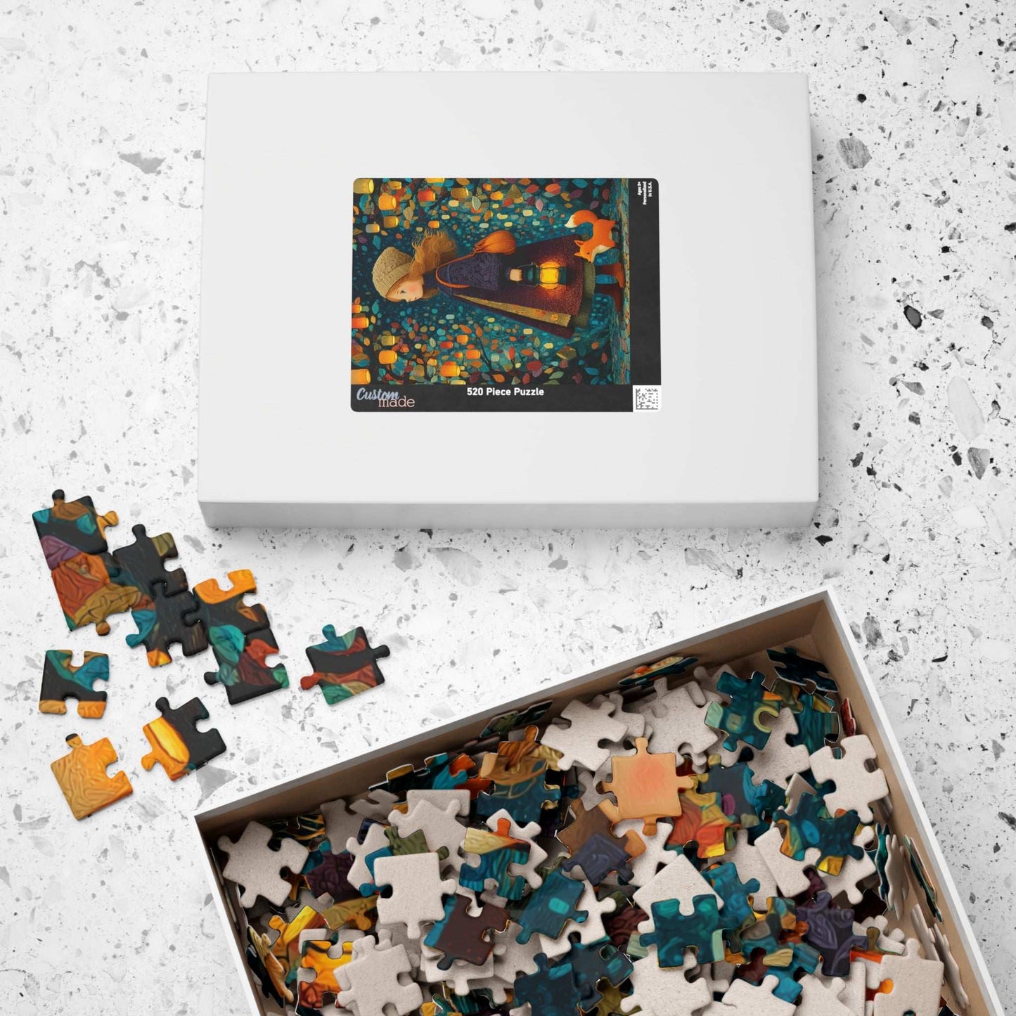 Lantern Path Jigsaw Puzzle – Whimsical Fall Puzzle for Adults, Girl with Fox and Pumpkin Lanterns Puzzle The Puzzle Chest