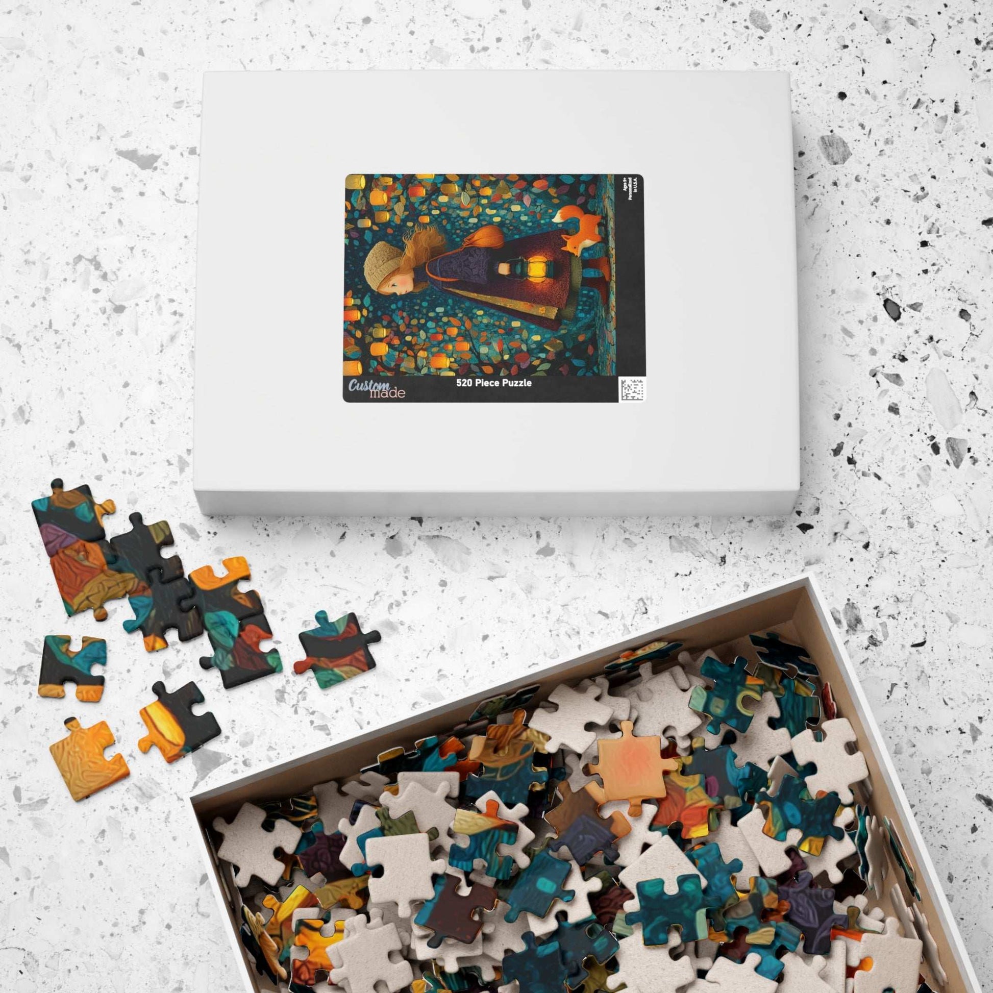 Lantern Path Jigsaw Puzzle – Whimsical Fall Puzzle for Adults, Girl with Fox and Pumpkin Lanterns Puzzle The Puzzle Chest