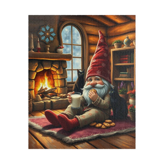 Cozy Gnome in Pajamas with Cats – Cottage Hearth Milk and Cookies Bedtime Jigsaw Puzzle Puzzle The Puzzle Chest